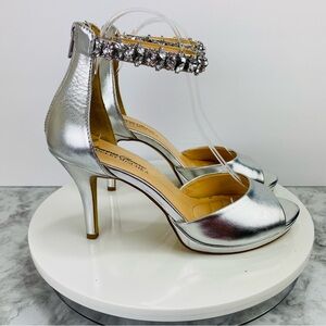 Badgley Mischka Silver Heels with Crystal Ankle Strap